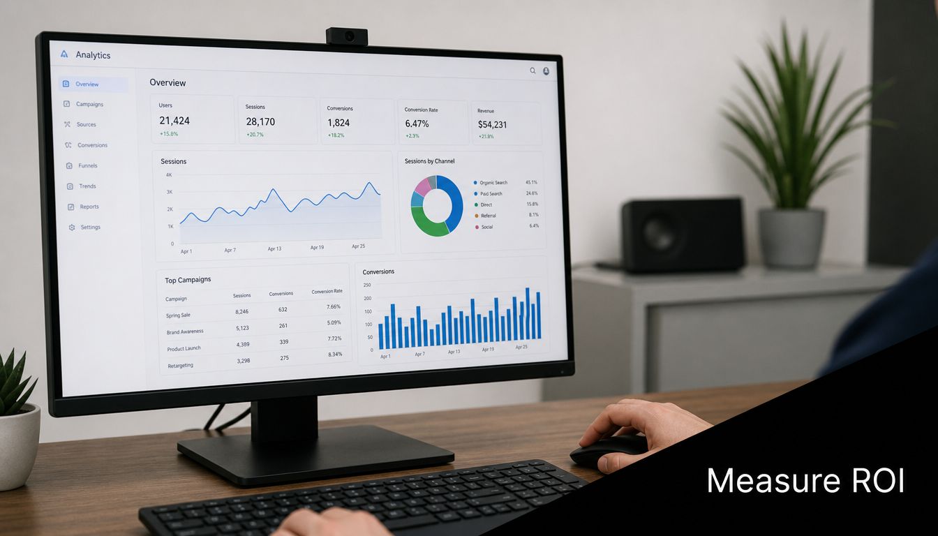 A professional analyzing digital marketing analytics dashboard on a desktop computer screen in a modern office.