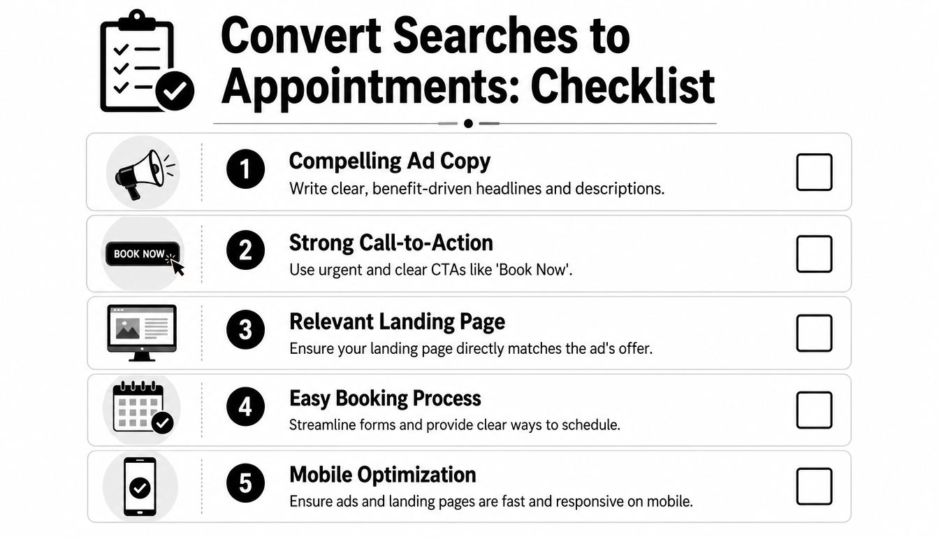 A checklist illustrating five key steps to convert online search traffic into scheduled dental appointments.