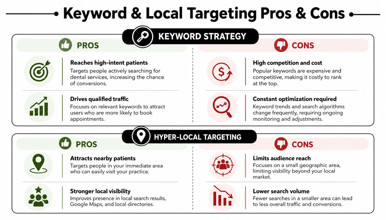 A comparison chart showing the pros and cons of keyword strategy versus hyper-local targeting for dental marketing.