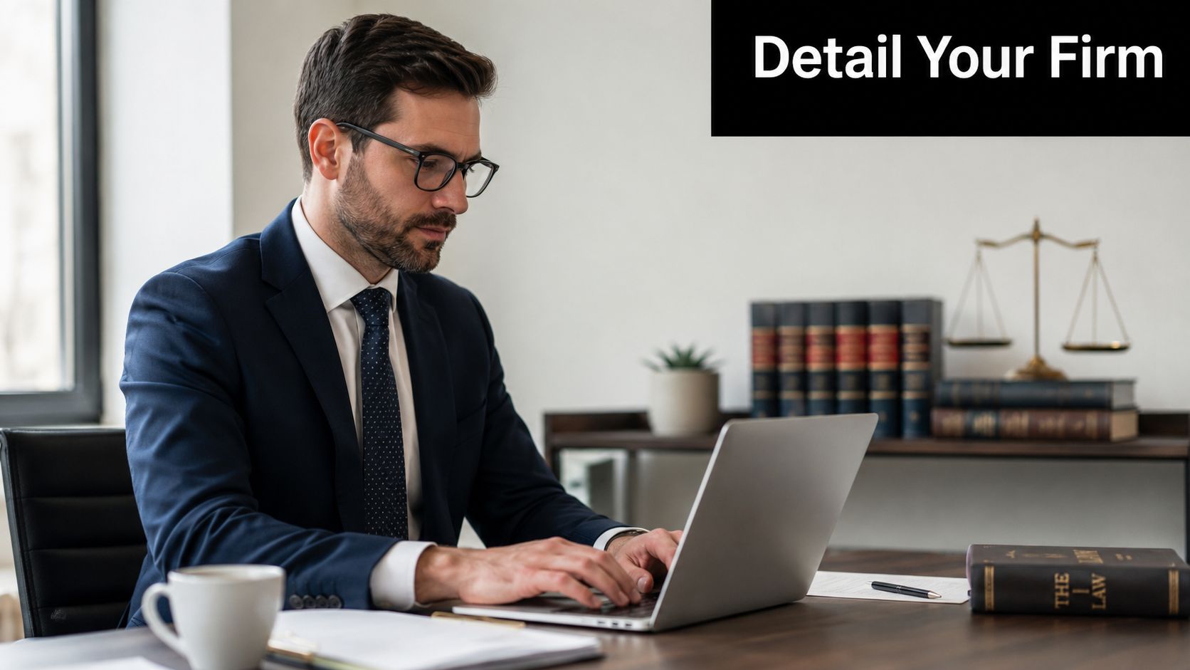 A professional male lawyer in a business suit working on a laptop at his office desk.