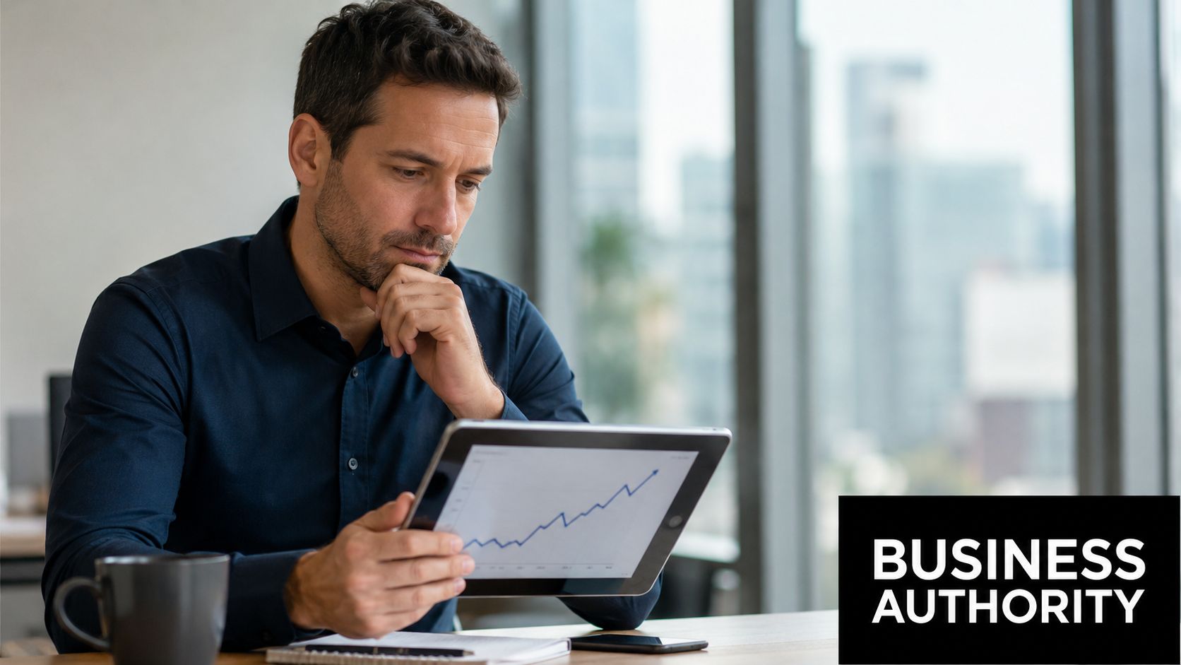 A professional man sitting at a desk while thoughtfully analyzing business growth charts on a tablet.