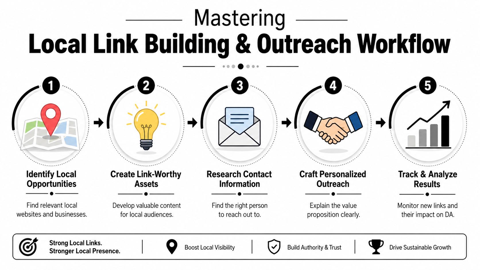 A five-step workflow infographic detailing the process for mastering local link building and outreach for SEO.