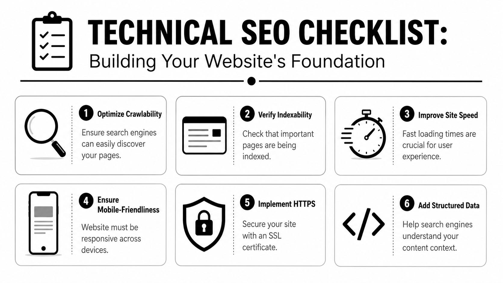 A visual checklist outlining six essential technical SEO steps for improving a website's overall search performance foundation.
