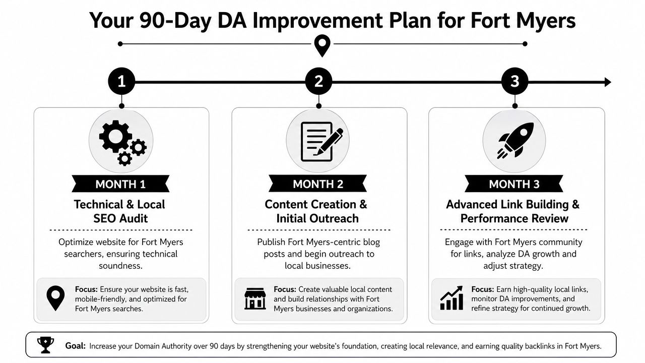 An infographic showing a 90-day SEO improvement plan for Fort Myers, divided into three monthly phases.