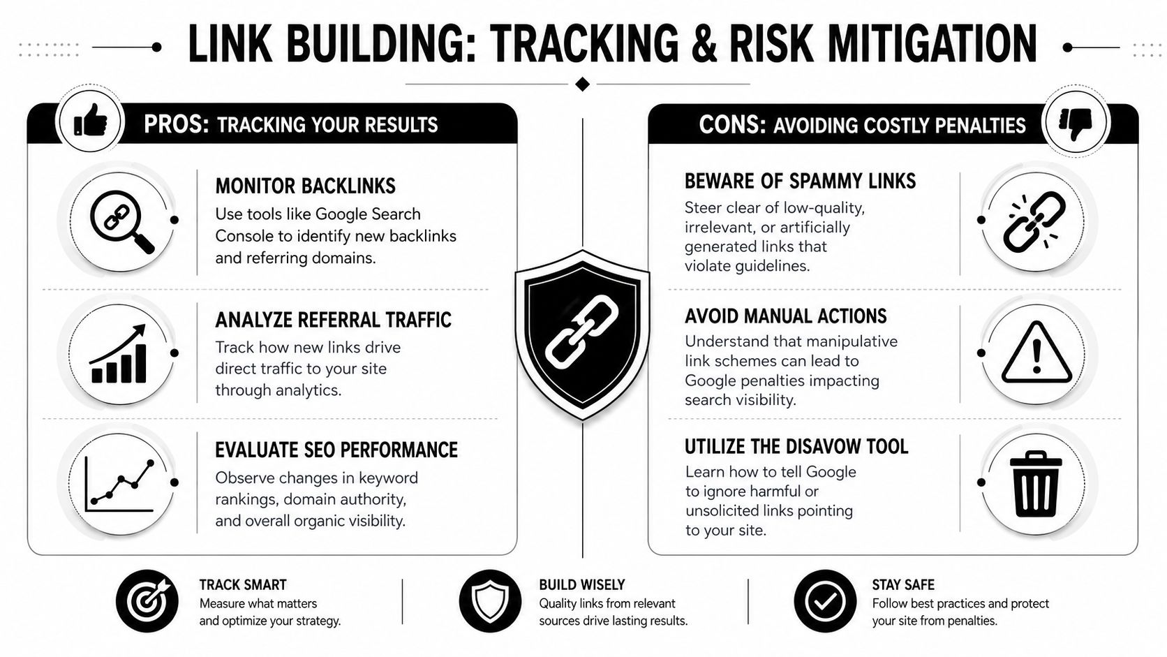 An infographic detailing pros and cons of link building for SEO including tracking results and mitigating risks.