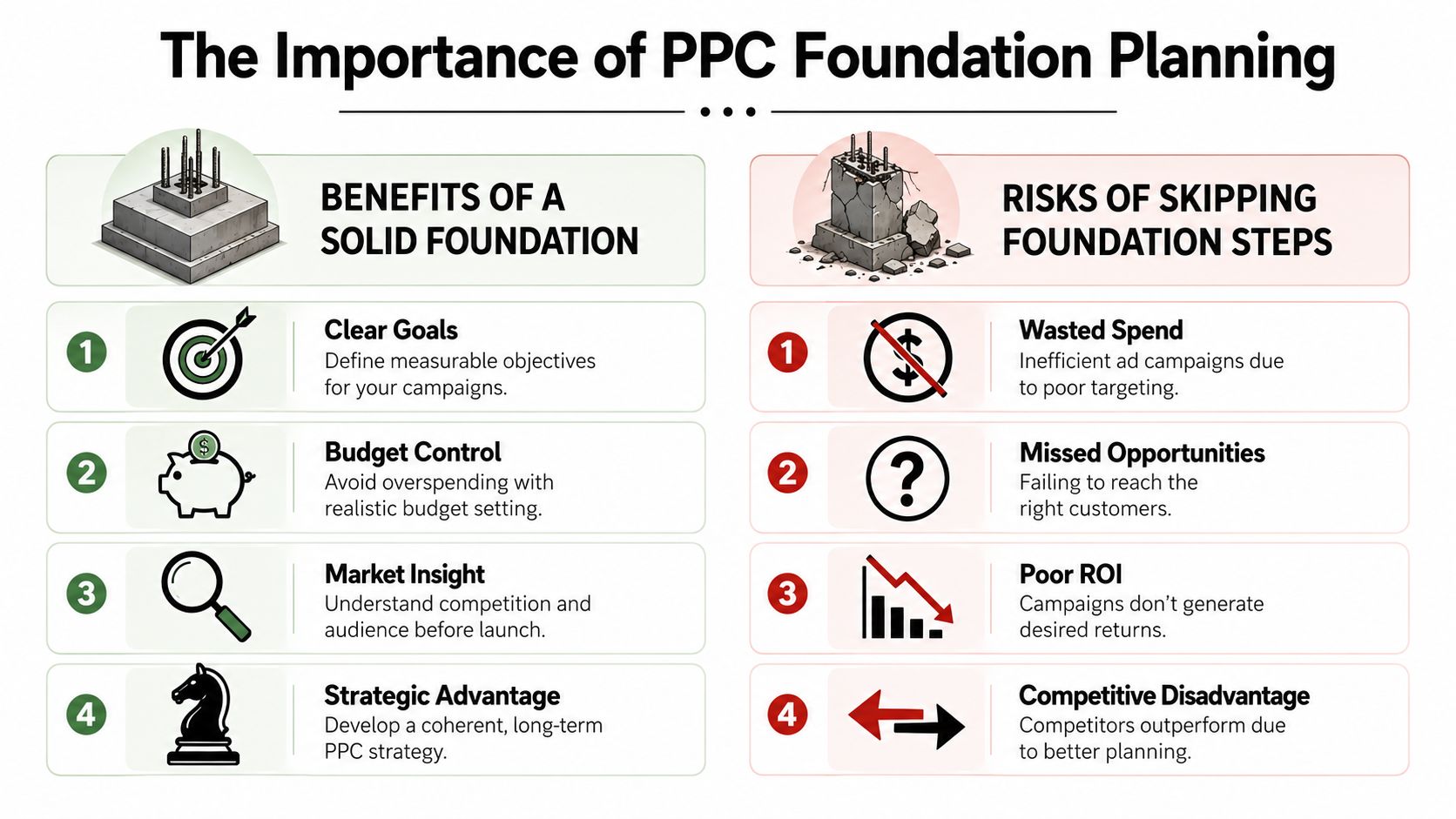 A comparison chart showing the benefits of PPC foundation planning versus the risks of skipping foundation steps.