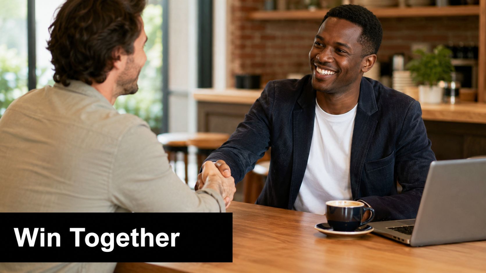 A professional man with a friendly smile shaking hands with his partner during a business meeting.