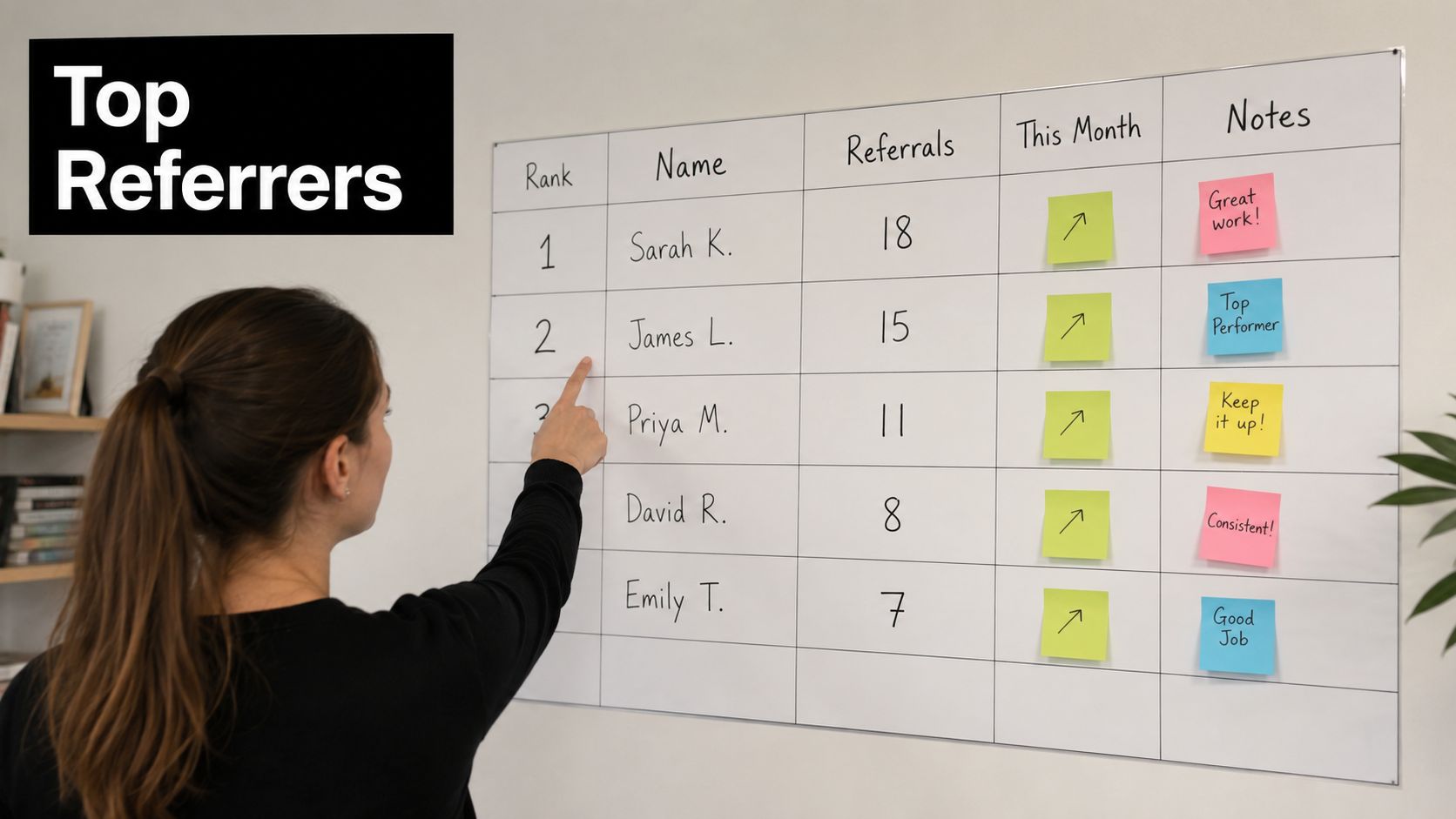 A woman points to a whiteboard showing a top referrer leaderboard ranking employees based on referral count.