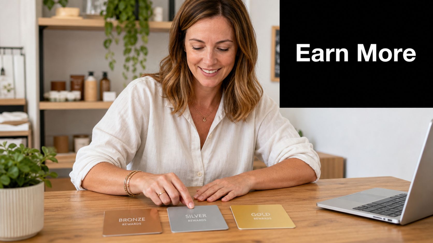 A woman smiling while pointing at a Silver Rewards card on a wooden office desk.