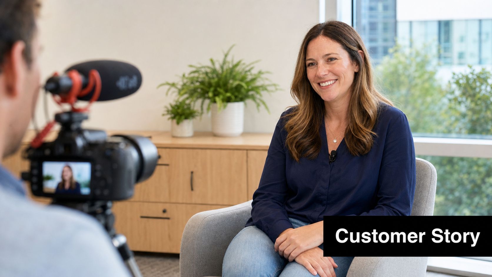 A woman sharing her experience during a professional video interview in a modern bright office setting.