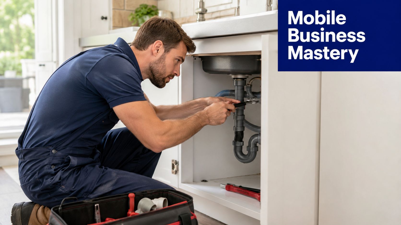 A professional plumber in a blue uniform repairing kitchen sink plumbing under the cabinet.