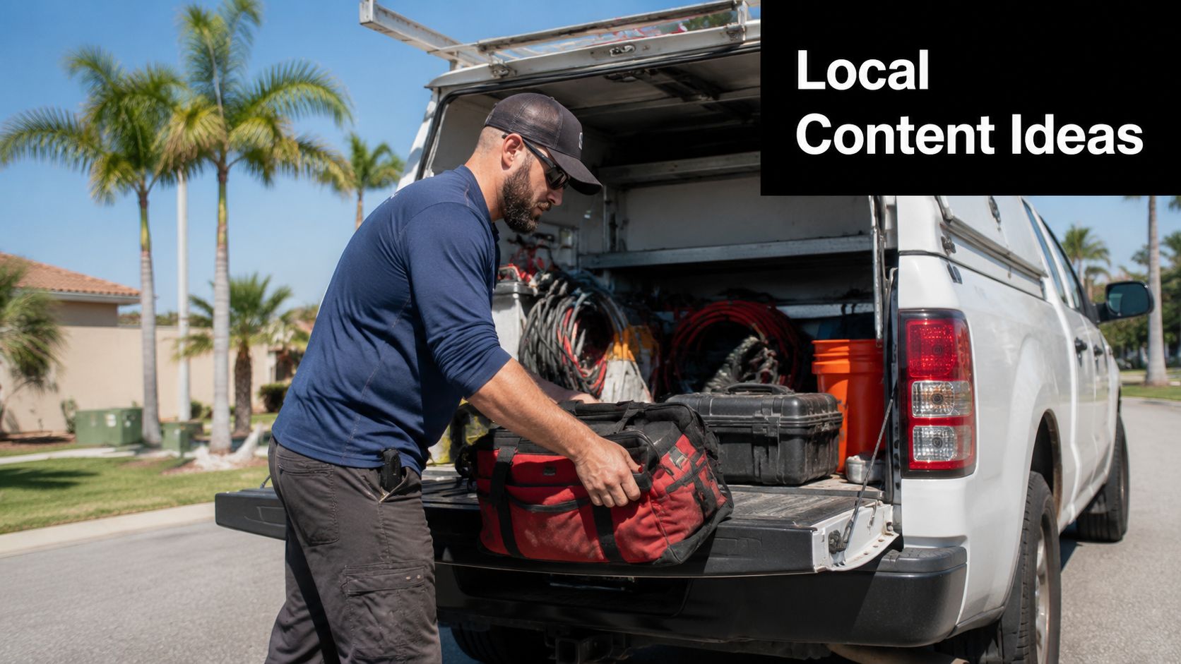 A service technician retrieves a red tool bag from the back of his work truck parked outdoors.