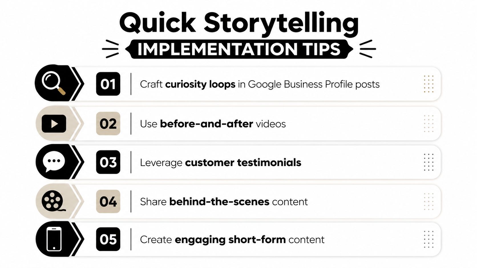 A list of five tips for implementing quick brand storytelling strategies in business digital marketing content.