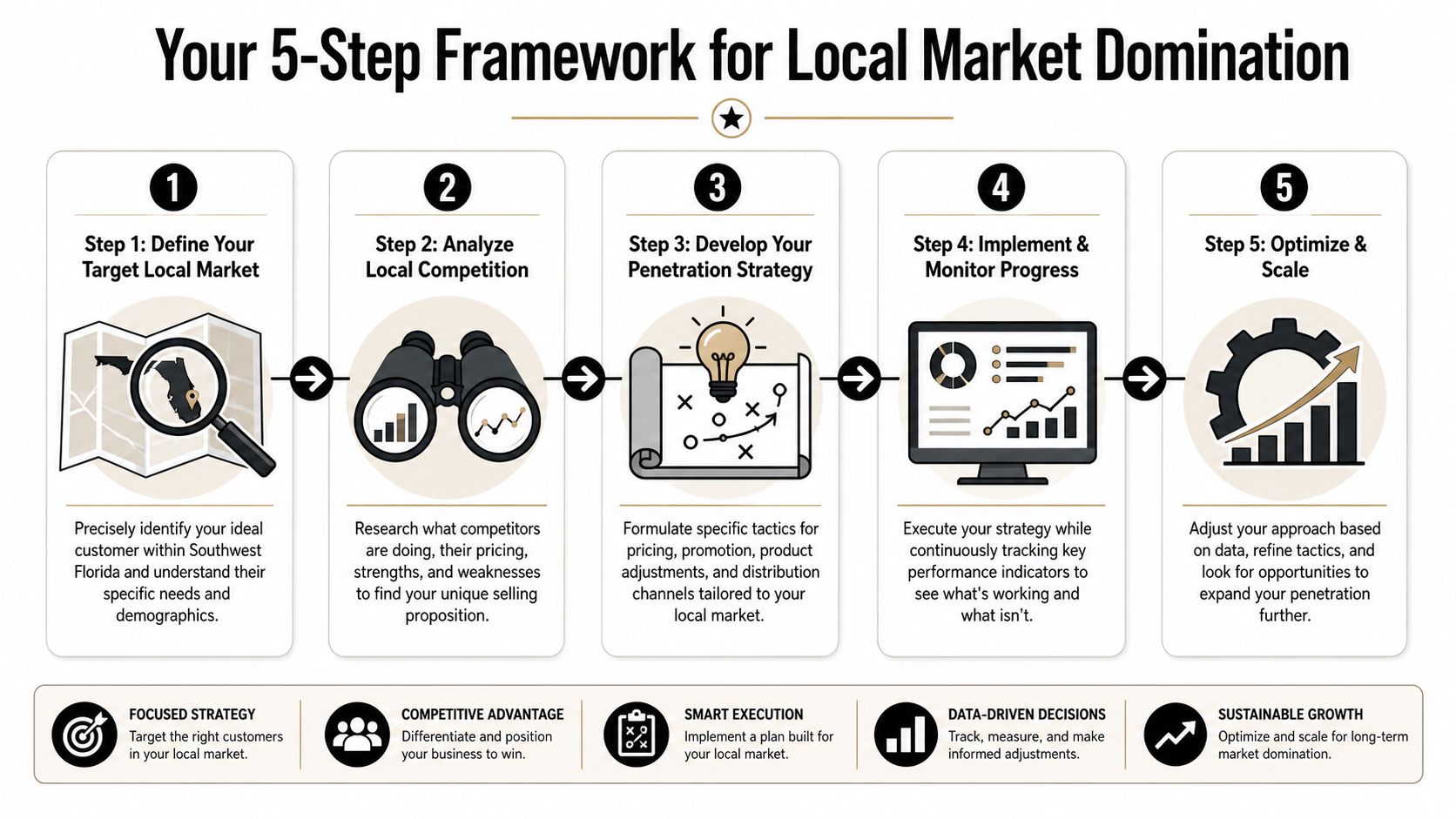 A five-step framework infographic illustrating a strategic approach for achieving local market dominance and business growth.