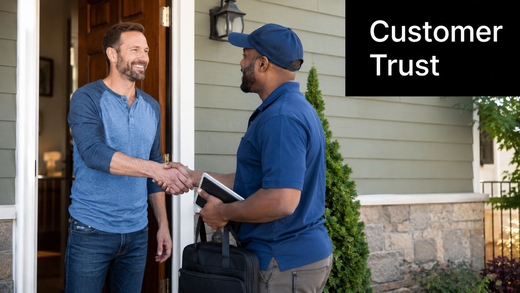 A friendly home service technician shaking hands with a customer at the front door of a house.