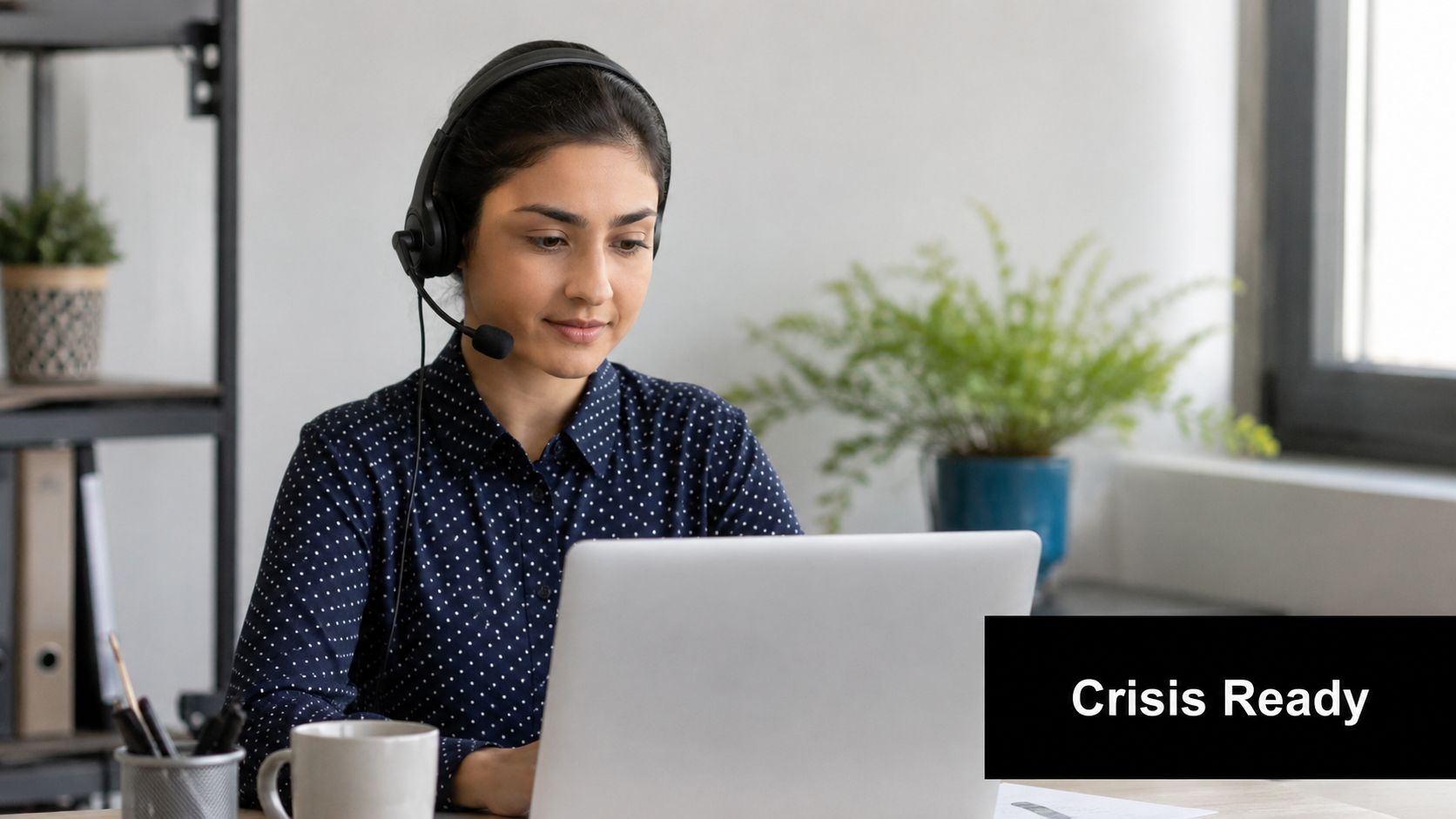 A professional woman wearing a headset while working on a laptop at her desk.