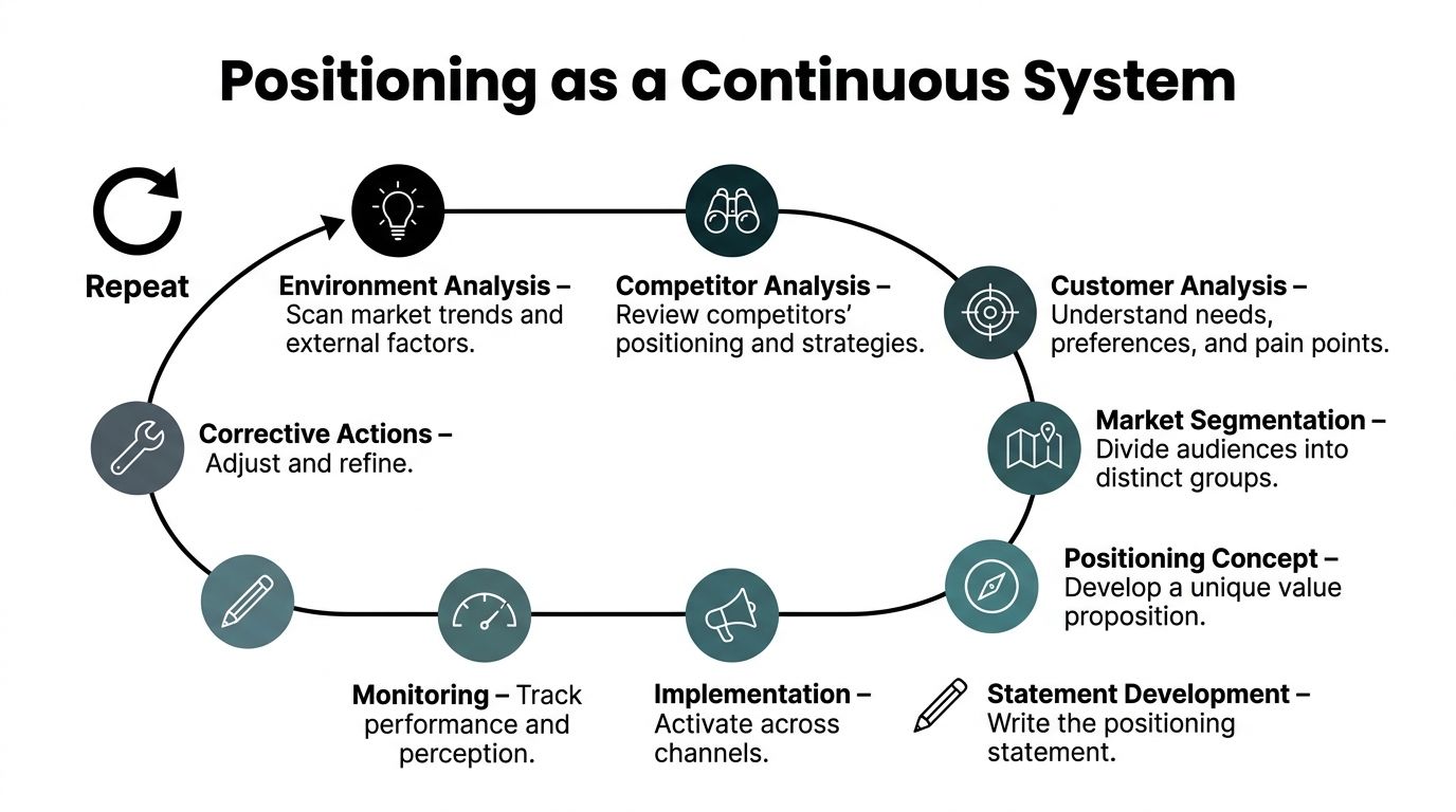 A circular diagram illustrating the continuous process of brand positioning strategies from environment analysis to corrective actions.