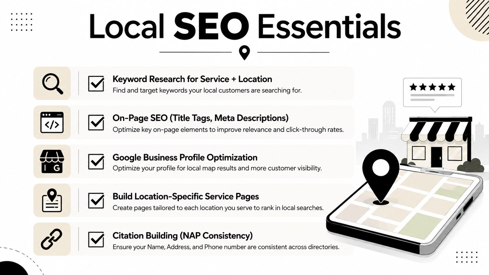 A clear infographic illustrating essential local SEO strategies like keyword research, on-page optimization, and Google business profiling.