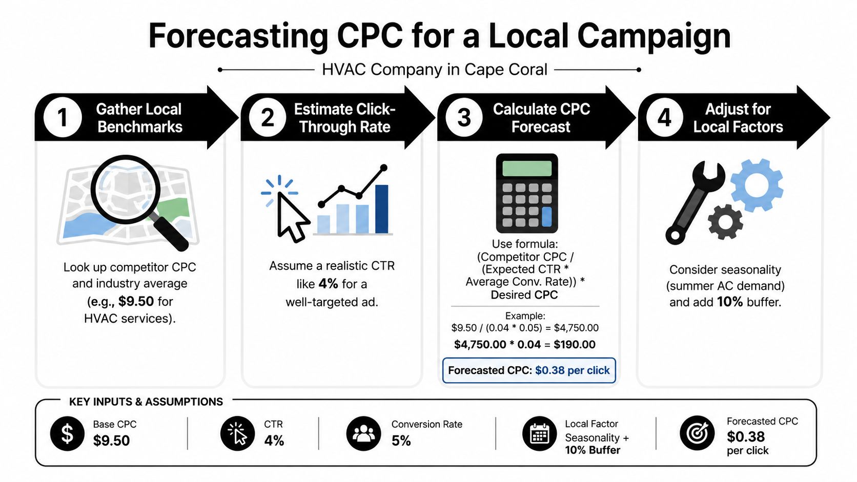 A four-step infographic illustrating the process for forecasting CPC for a local HVAC marketing campaign.