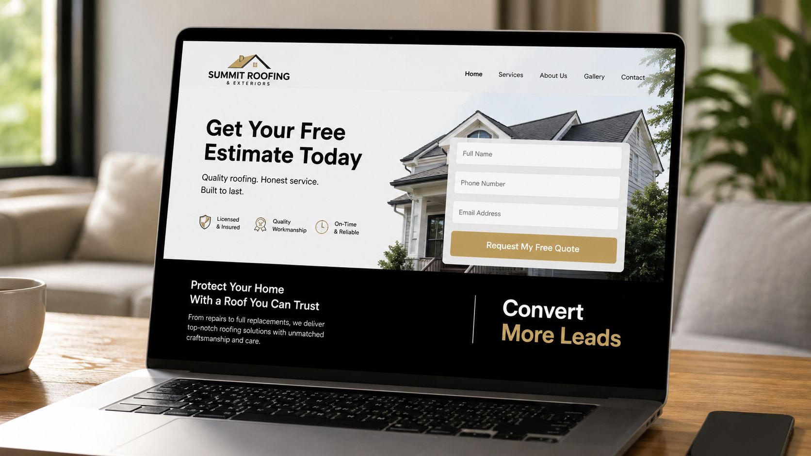 A laptop screen displaying a professional roofing company landing page designed to capture customer lead information.