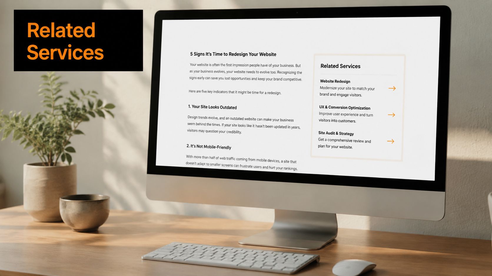 A modern computer screen displaying professional content about website redesign strategies and internal linking best practices.