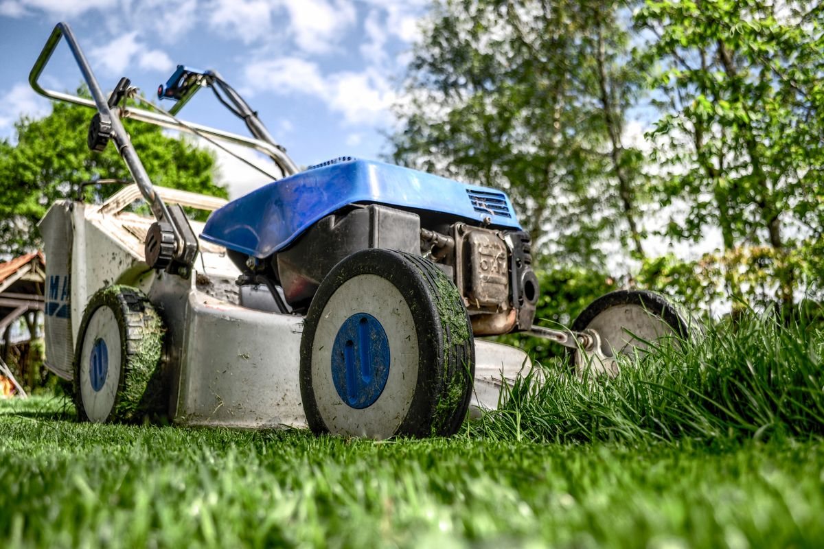 Lawn mower on freshly cut green grass