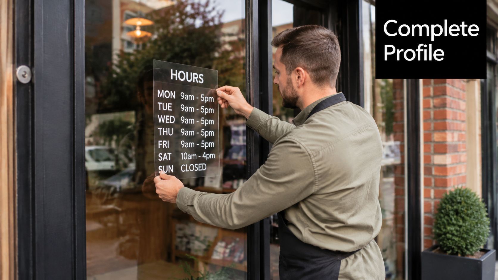 A store employee placing a business hours sign on the glass door of a local shop.