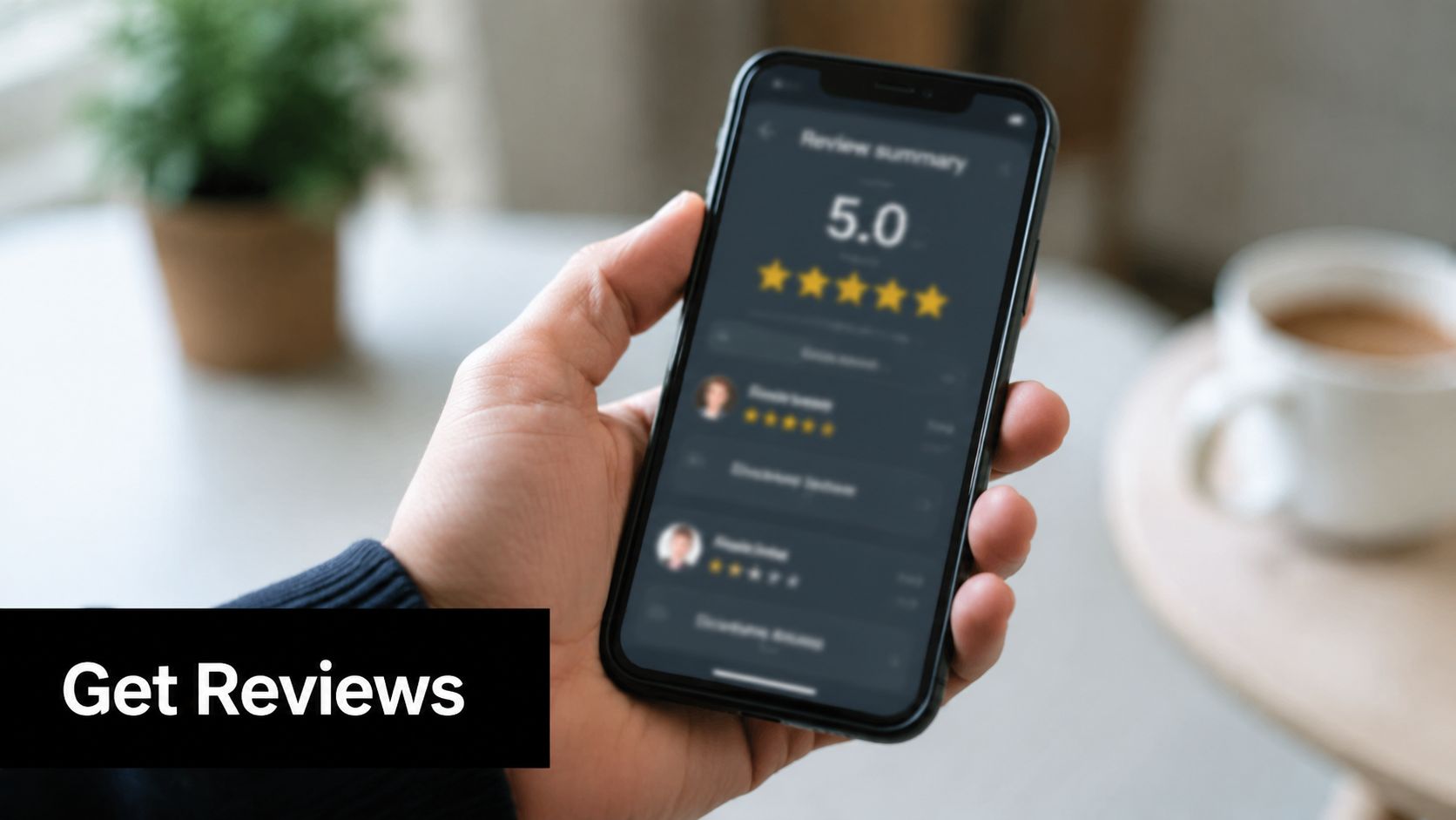 A hand holding a smartphone displaying a positive five-star customer review summary on its screen.