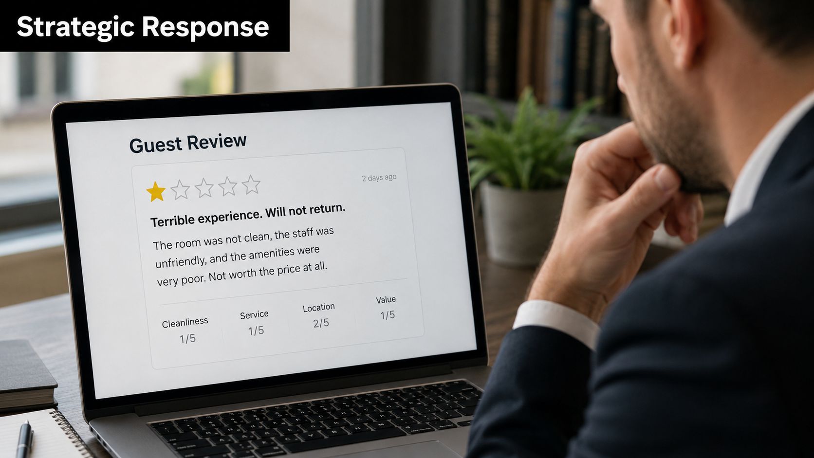 A professional man in a suit looks at a negative hotel guest review on a laptop screen.