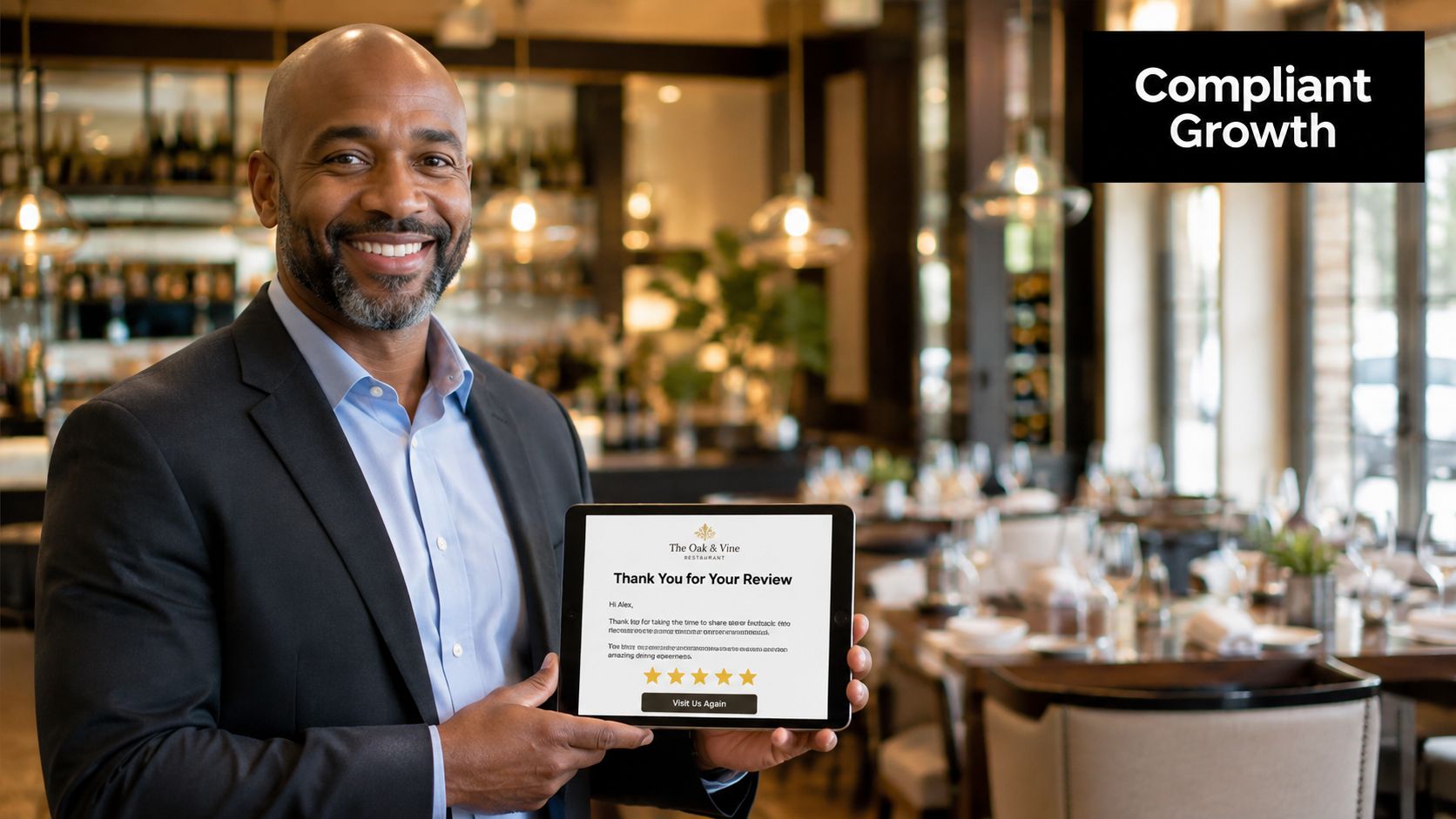 A smiling restaurant manager holding a tablet displaying a five-star customer review in a restaurant setting.