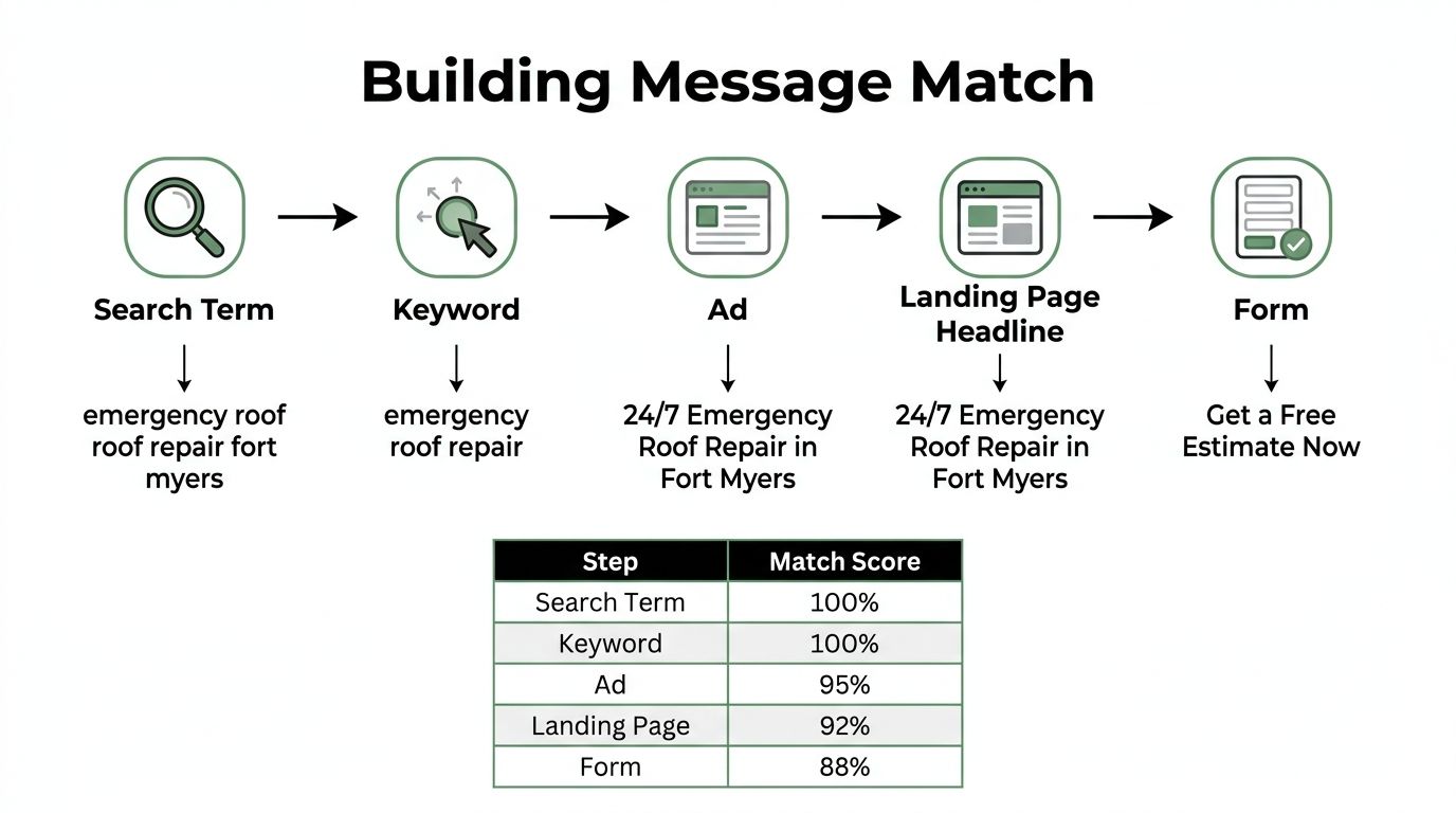 A diagram illustrating the process of building message match for PPC landing page optimization and conversion.