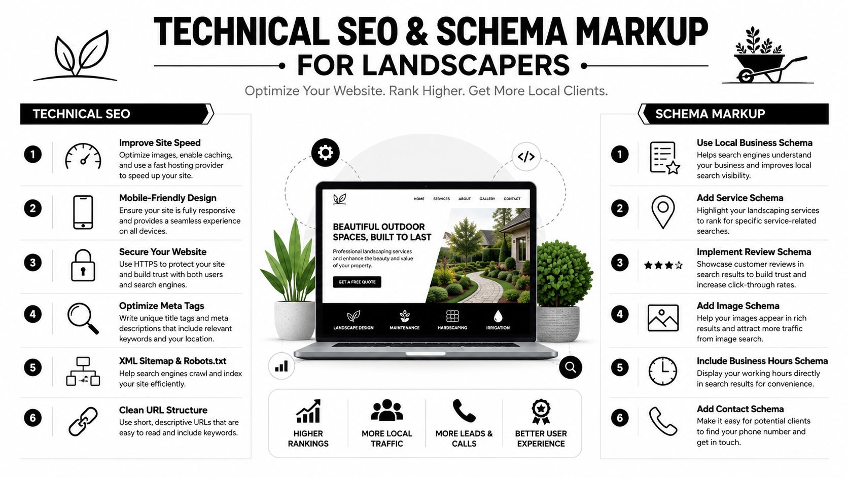 An infographic titled Technical SEO and Schema Markup for Landscapers, detailing website optimization strategies for landscaping businesses.
