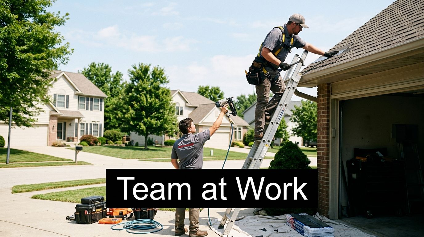 A professional construction team working on a residential roof repair using a ladder and air nailer tools.
