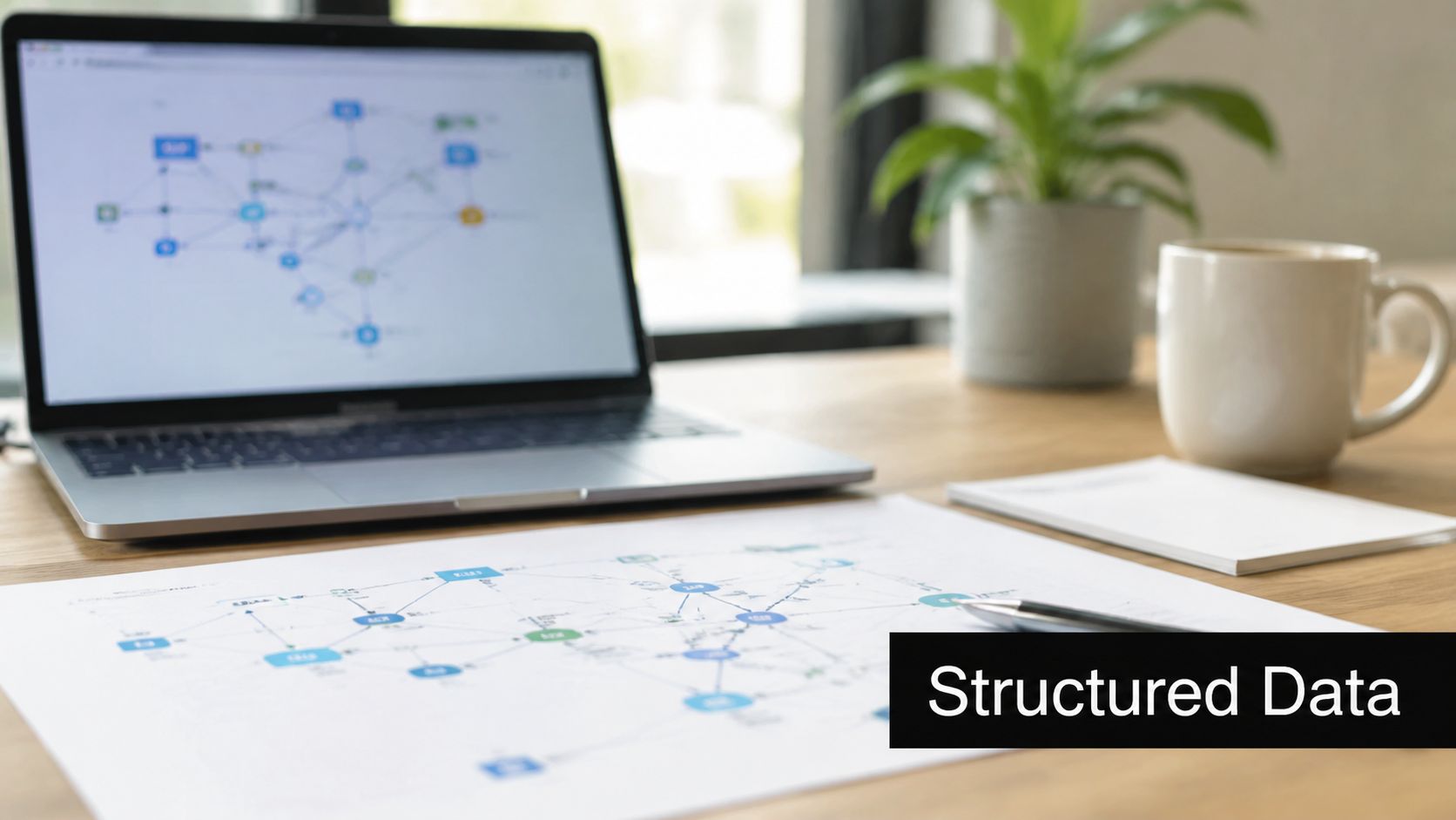 A modern workspace with a laptop displaying data visualizations and a physical document with flowcharts.