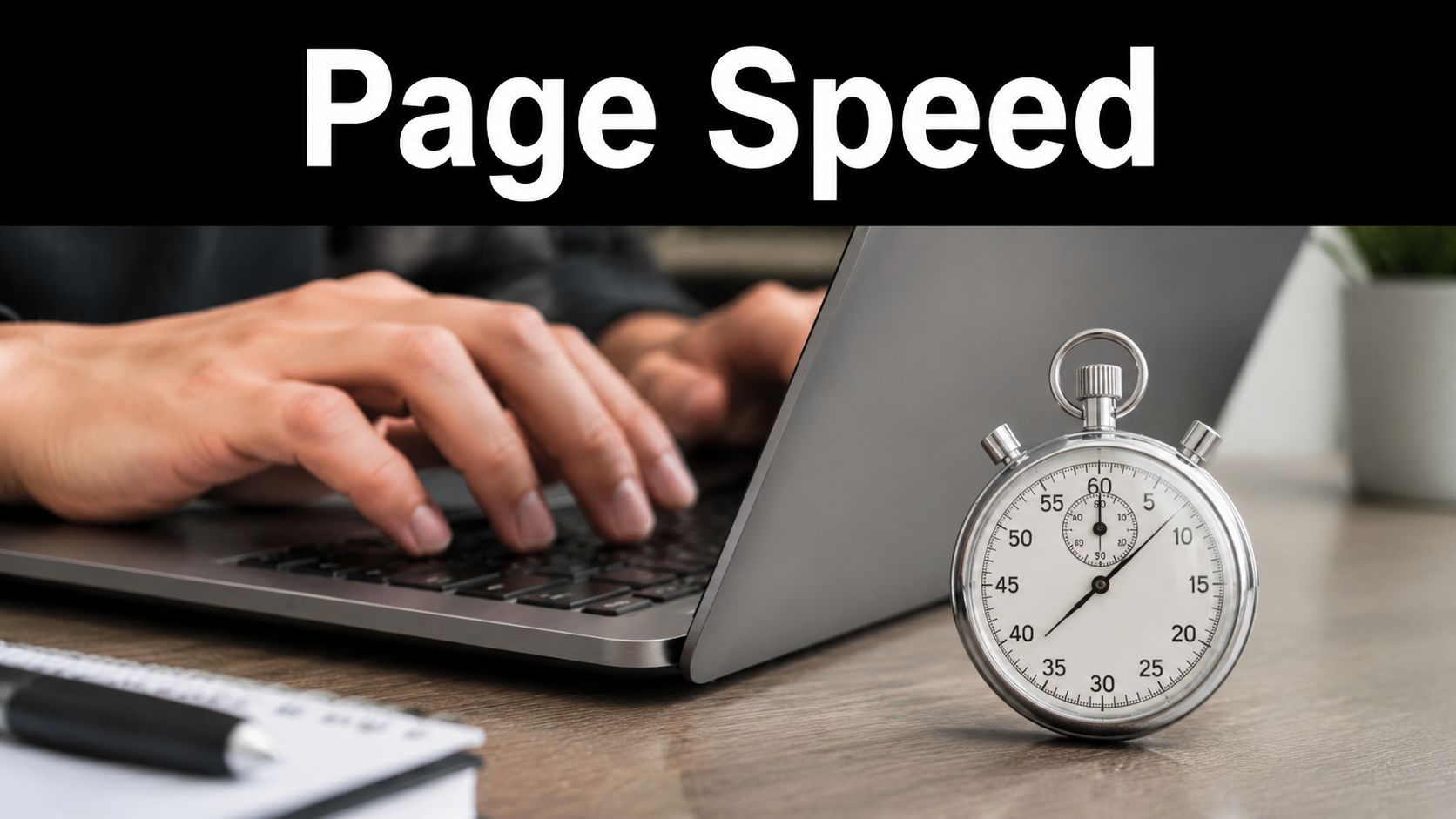 A close-up view of a person typing on a laptop with a stopwatch nearby representing page speed.