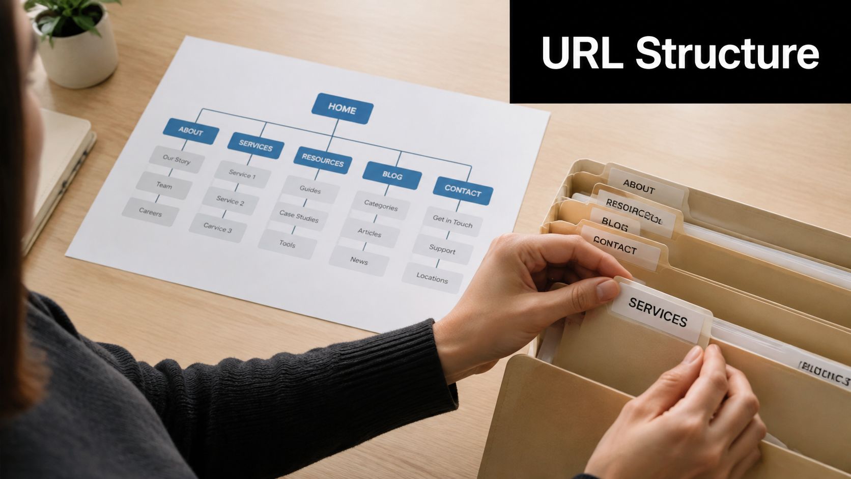 A person organizing office files while referencing a website URL structure diagram on a wooden table.