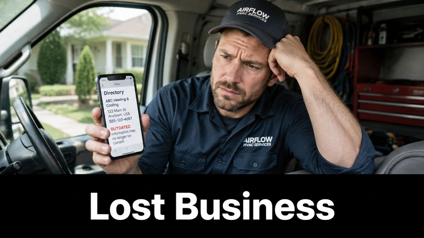 An HVAC technician looks frustrated at his smartphone showing outdated business contact information for local directory listings.