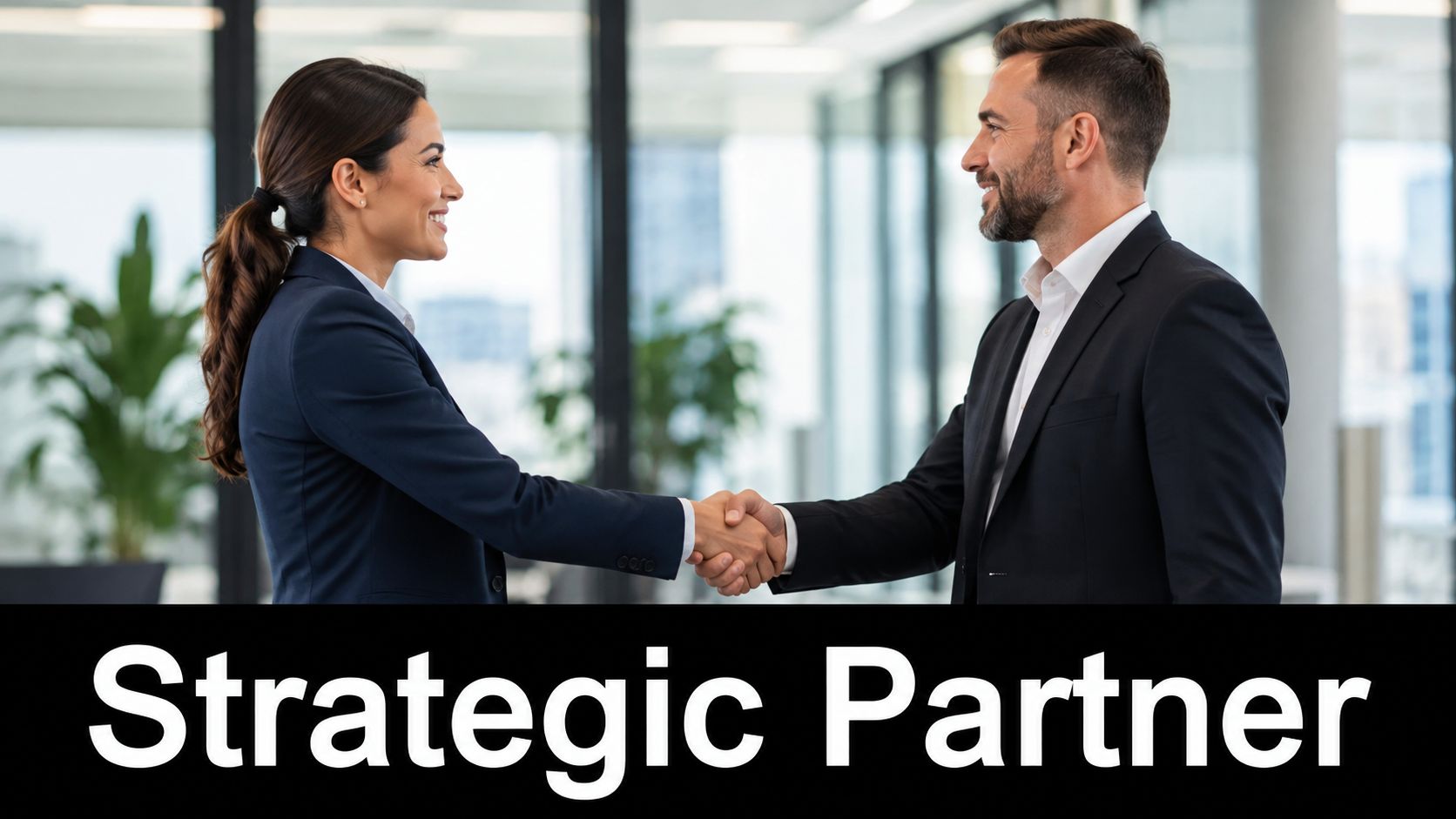 A professional man and woman in business suits shaking hands in a modern office setting.