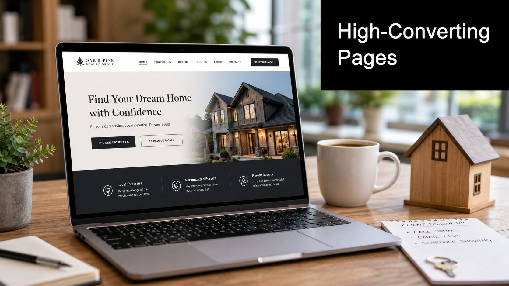A laptop on a wooden desk displaying a high-converting real estate website for Oak and Pine Realty.