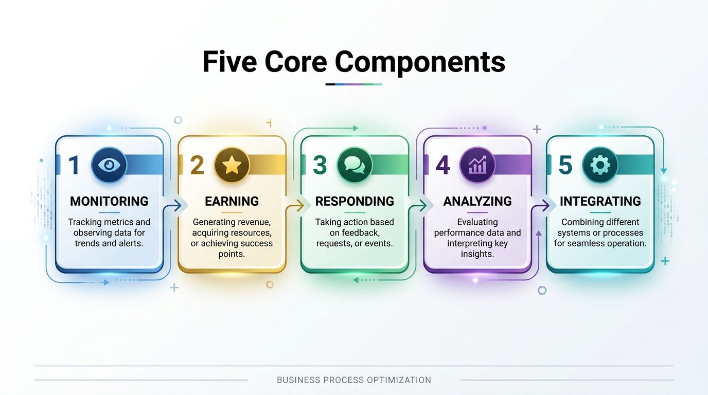 A five-step business process optimization diagram showing monitoring, earning, responding, analyzing, and integrating as core components.