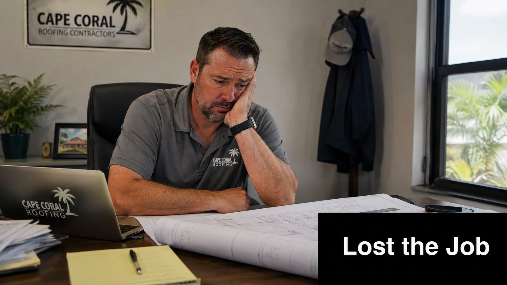 A stressed roofing contractor looks down at blueprints in his office while dealing with professional disappointment.